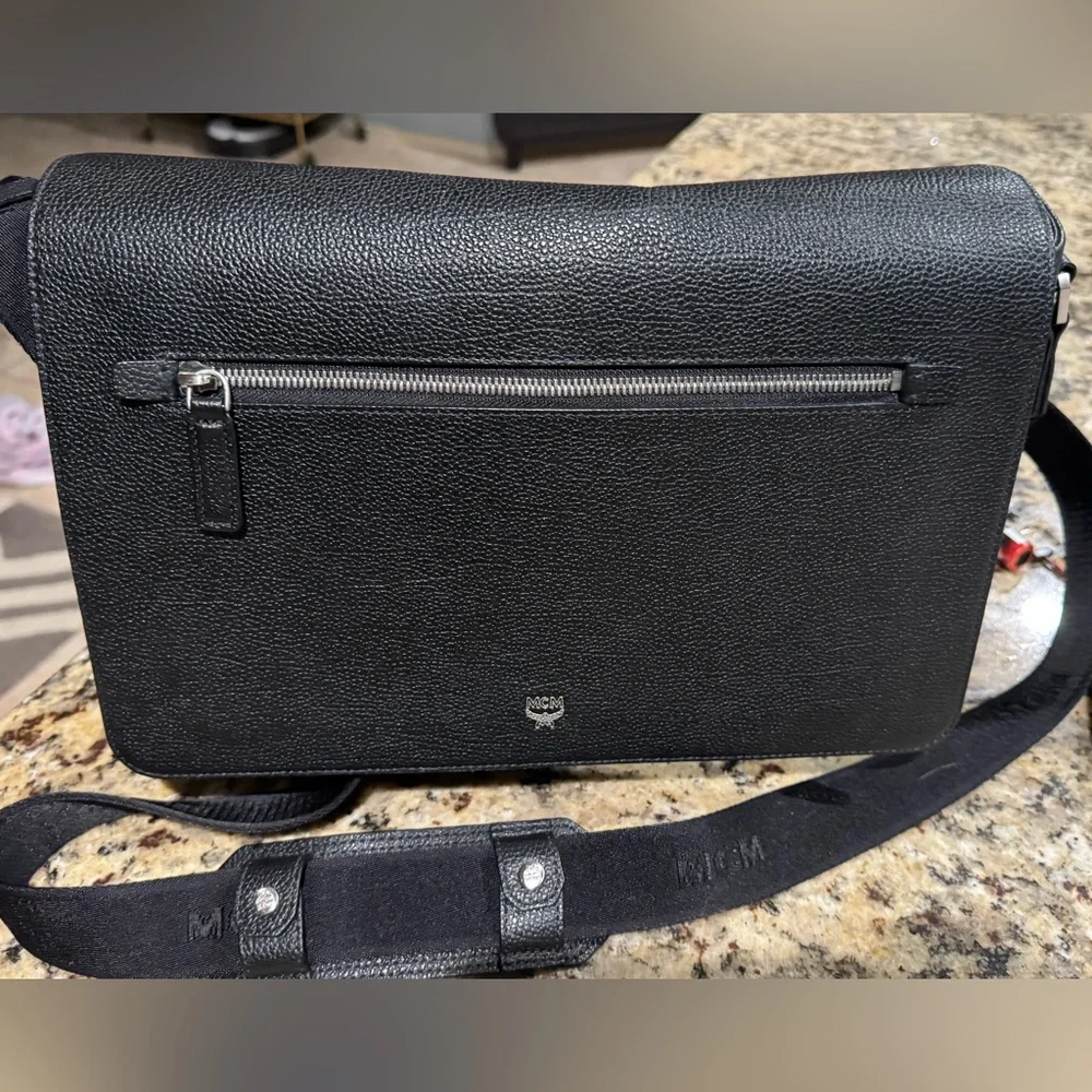 MCM Textured Black Leather Messenger Bag